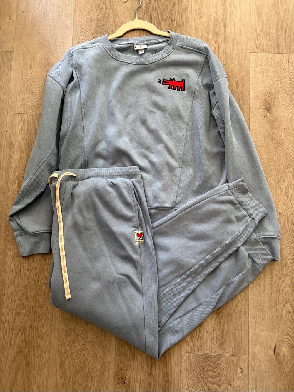 Keith Haring Womens Blue Crew Sweatshirt & Jogger Lounge Set with Red Dog Patch